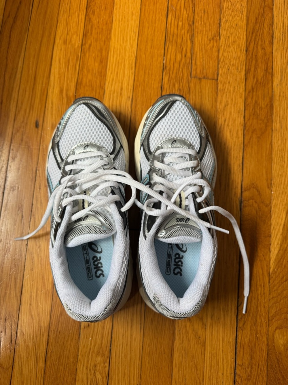 ASICS White and Silver Mesh Running Shoes with Light Blue Accents